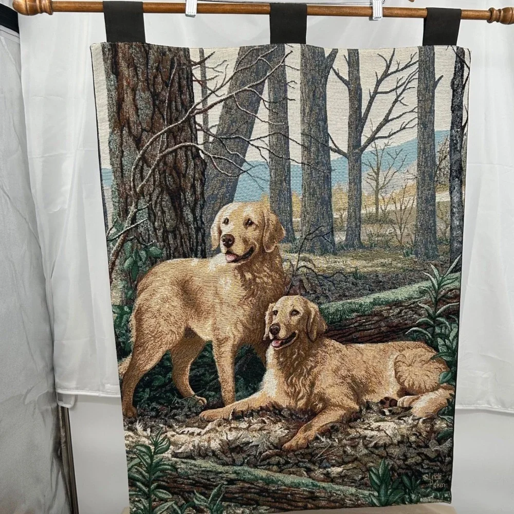 Linda Picken Tapestry Wall Hanging Golden Retriever Dog Forest 26x35 Cabin Decor